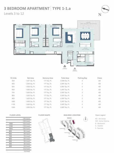 Meraas Bluewaters Building 9: Floor plan Building 9 - 3 Bedroom Type 1-1A, Level 3-to-12 Size 2097 to 2098 sq.ft, 2,098 sq ft
