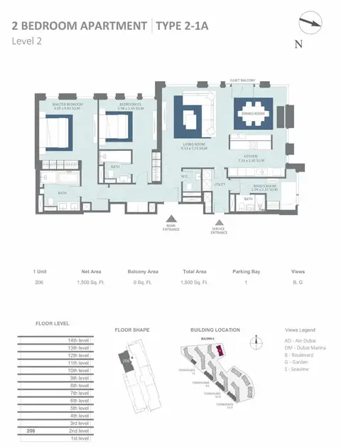 Meraas Bluewaters Building 9: Floor plan Building 9 - 2 Bedroom Type 2-1A, Level 2 Size 1500 sq.ft, 1,500 sq ft