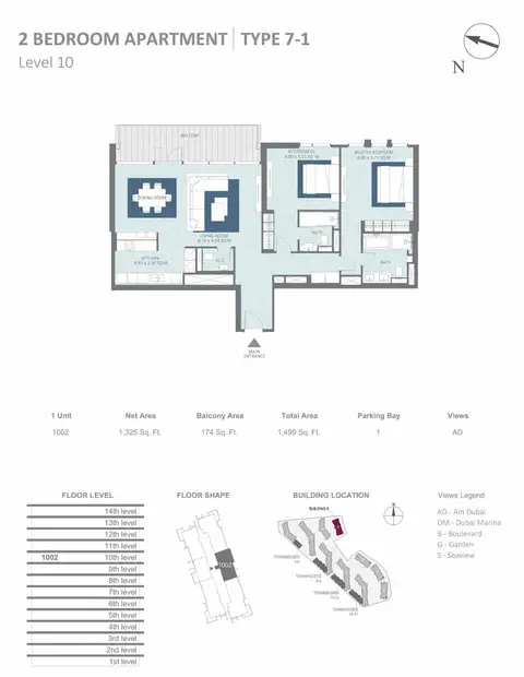 Meraas Bluewaters Building 9: Floor plan Building 9 - 2 Bedroom Type 7-1, Level 10 Size 1499 sq.ft, 1,499 sq ft
