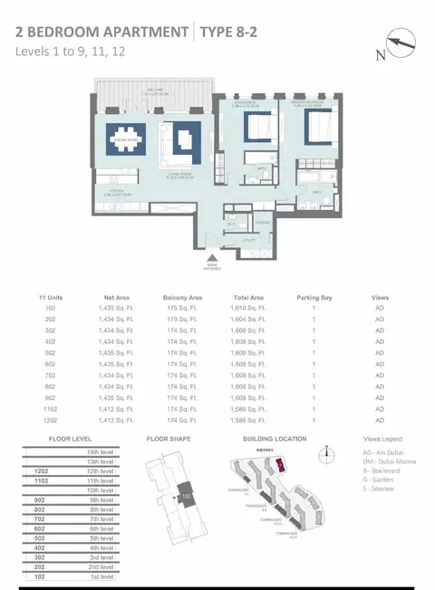 Meraas Bluewaters Building 9: Floor plan Building 9 - 2 Bedroom Type 8-2, Level 1-to-9 Size 1586 to 1610 sq.ft, 1,610 sq ft