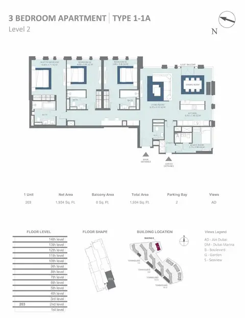 Meraas Bluewaters Building 9: Floor plan Building 9 - 3 Bedroom Type 1-1A, Level 2 Size 1934 sq.ft, 1,934 sq ft