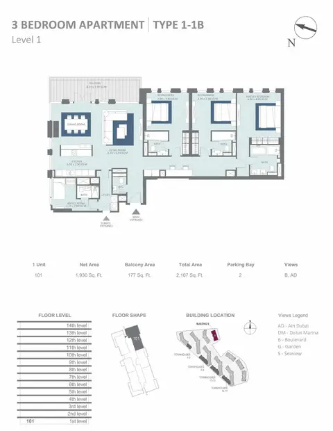 Meraas Bluewaters Building 9: Floor plan Building 9 - 3 Bedroom Type 1-1B, Level 1 Size 2107 sq.ft, 2,107 sq ft