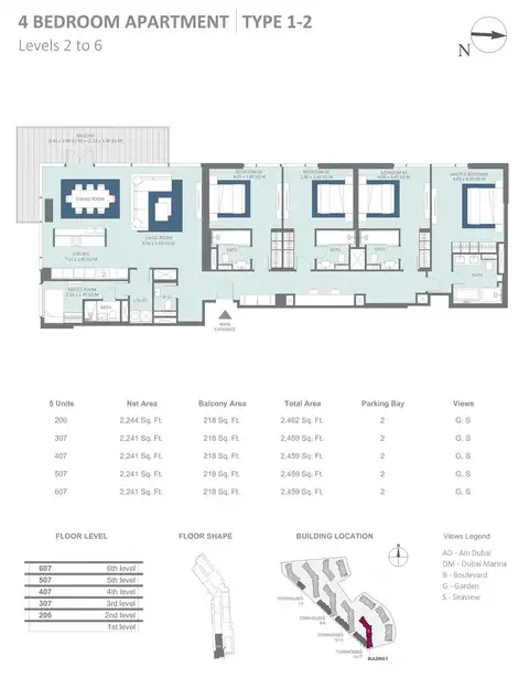 مِراس بلوواترز مبنى 5: مخطط الطابق Building 5 - 4 Bedroom Type 1-2 Level 2-6 , Size 2462 sq ft, 2,462 sq ft