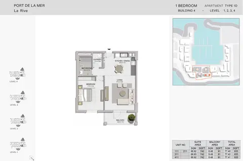 La Rive Building 4: 1 Bedroom - Type 1D, Level-1-2-3-4, Size - 833 Sq Ft, 833 sq ft 户型图