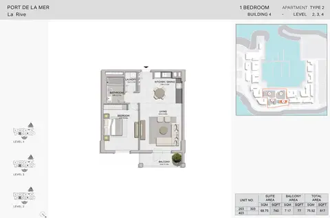 La Rive Building 4: 1 Bedroom - Type 2, Level-2-3-4, Size - 817 Sq Ft, 817 sq ft 户型图