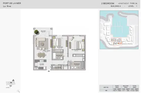 La Rive Building 4: 2 Bedroom - Type 1A, Level-1, Size - 1,221 Sq Ft, 1,221 sq ft 户型图