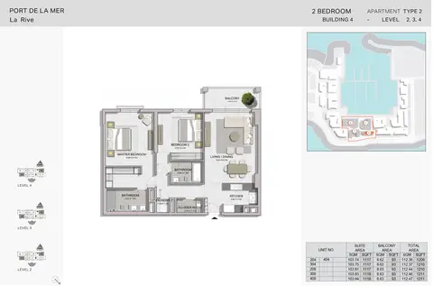 La Rive Building 4: 2 Bedroom - Type 2, Level-2-3-4, Size - 1,211 Sq Ft, 1,211 sq ft 户型图