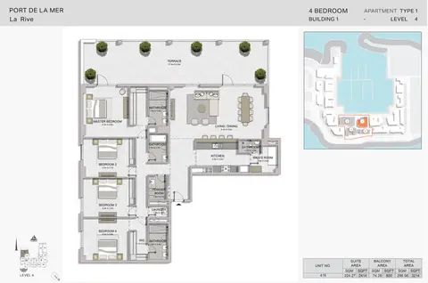 La Rive Apartments: फ़्लोर प्लान 4 Bedroom Build1 Type1 Size 3214 sqft, 3,214 sq ft
