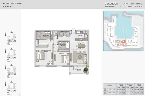 La Rive Apartments: फ़्लोर प्लान 2 Bedroom Build1 Type2 Size 1212 sqft, 1,212 sq ft