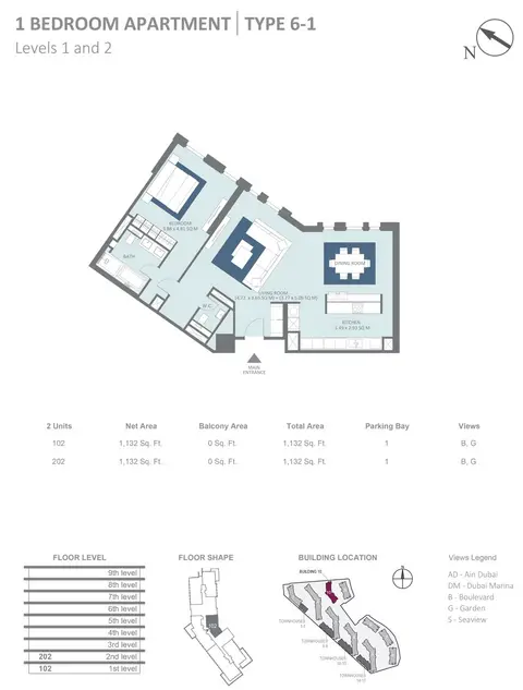 Bluewaters Residences: 1 Bedroom Type 6-1 Level 1-2 Size 1132 sqft, 1,132 sq ft 户型图