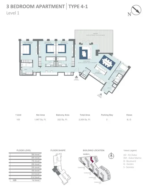 Bluewaters Residences: 3 Bedroom Type 4-1 Level 1 Size 2309 sqft, 2,309 sq ft 户型图