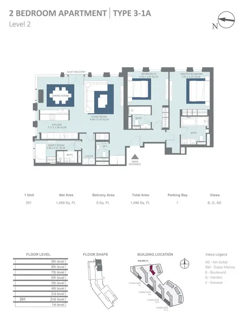 Bluewaters Residences: 2 Bedroom Type 3-1 A Level 2 Size 1499 sqft, 1,499 sq ft 户型图
