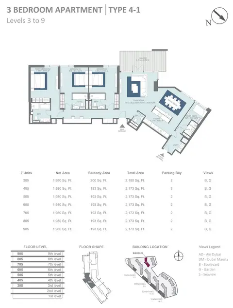 Bluewaters Residences: 3 Bedroom Type 4-1 Level 3-3 Size 2173 sqft, 2,173 sq ft 户型图