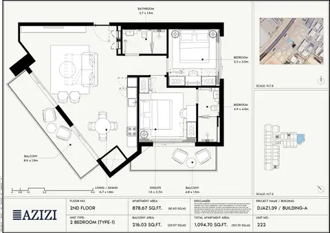 Azizi Gabriel Jebel Ali: Floor plan 2nd Floor (Unit 222 - Type 1), 1,095 sq ft