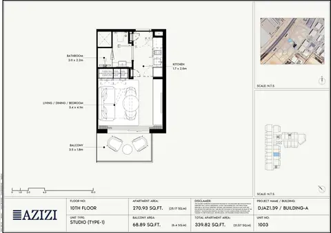 Azizi Gabriel Jebel Ali: Floor plan 10th Floor (Unit 1003 - Type 1), 340 sq ft