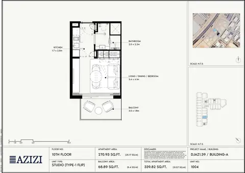 Azizi Gabriel Jebel Ali: Floor plan 10th Floor (Unit 1004 - Type 1 Flip), 340 sq ft