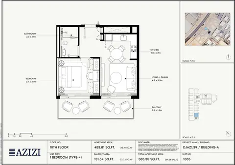 Azizi Gabriel Jebel Ali: Floor plan 10th Floor (Unit 1005 - Type 4), 585 sq ft