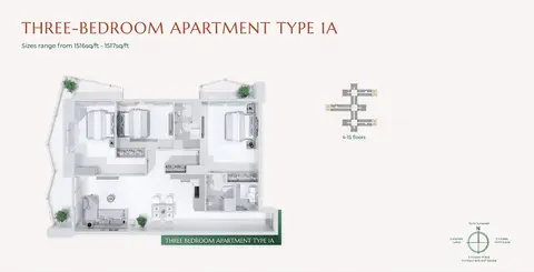 جولف فيوز سفن سيتي: مخطط الطابق 3 Bedroom Type 1A Size 1516 to 1517 sq ft, 1,517 sq ft