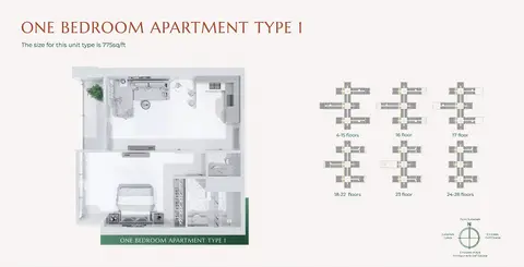 جولف فيوز سفن سيتي: مخطط الطابق 1 Bedroom Type 1 Size 775 sq ft, 775 sq ft
