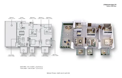 Fawad Azizi Residence: Floor plan Type 2B, 1,501 sq ft