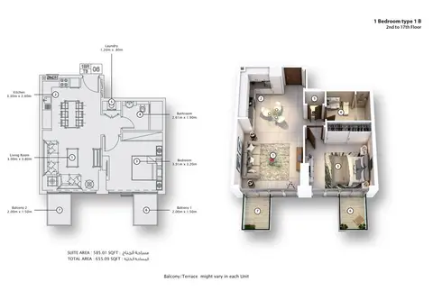 Fawad Azizi Residence: Floor plan Type 1B, 655 sq ft