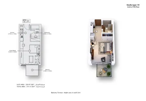 Fawad Azizi Residence: Floor plan Type 1B, 374 sq ft