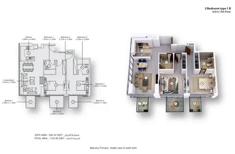 Fawad Azizi Residence: Floor plan Type 1B, 1,106 sq ft