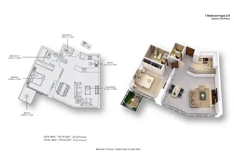 Fawad Azizi Residence: Floor plan Type 2B, 796 sq ft