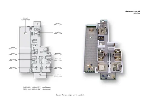 Fawad Azizi Residence: Floor plan Type 3B, 2,043 sq ft