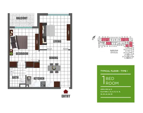 Lawnz Apartments: Floor plan Typical-Floor-T1, 626 sq ft