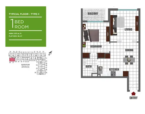 Lawnz Apartments: Floor plan Typical-Floor-T2, 653 sq ft