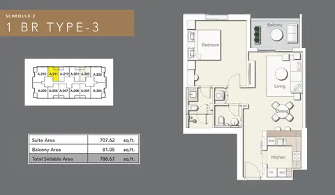 Wilton Terraces I: Floor plan 1 bedroom type 3, 789 sq ft
