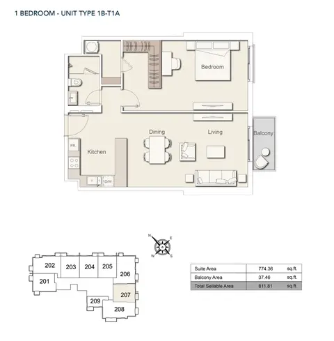 Belgravia Heights: Floor plan 1bedroom-unittype-1b-t1a, 812 sq ft