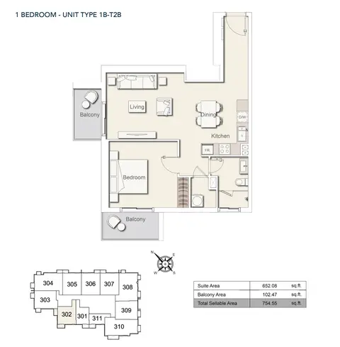 Belgravia Heights: Floor plan 1bedroom-unittype-1b-t2b, 755 sq ft