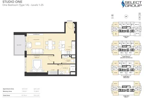 Studio One: Plattegrond 1 Bedroom, Type 1A - Level 1-25 Size 723.12 sq ft, 723 sq ft