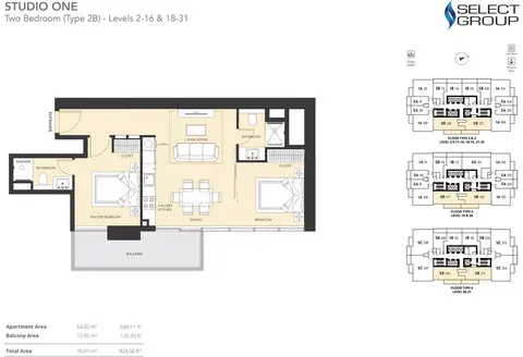 Studio One: Plattegrond 2 Bedroom, Type 2B - Level 2-16 & 18-31 Size 828.50 sq ft, 829 sq ft