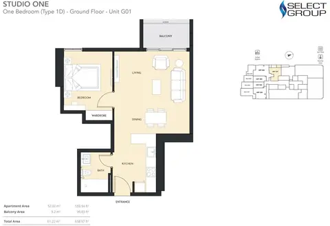 Studio One: Plattegrond 1 Bedroom, Type 1D - Ground Floor - Unit G01, Size 658.97 sq ft, 659 sq ft