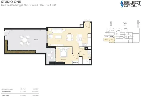 Studio One: Plattegrond 1 Bedroom, Type 1E - Ground Floor - Unit G05, Size 1054.54 sq ft, 1,055 sq ft