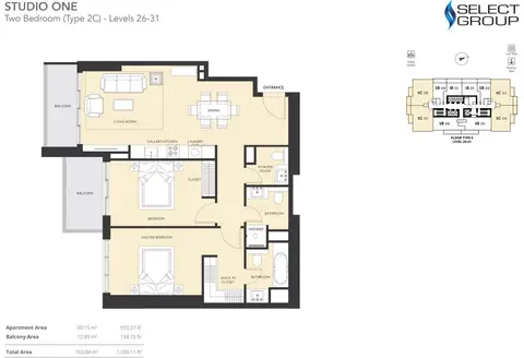 Studio One: Plattegrond 2 Bedroom, Type 2C - Level 26-31 Size 1109.11 sq ft, 1,109 sq ft