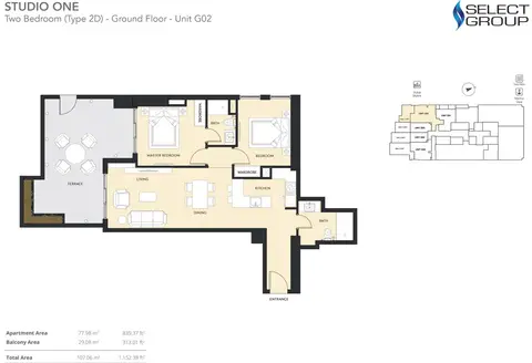 Studio One: Plattegrond 2 Bedroom, Type 2D - Ground Floor - Unit G02, Size 1152.38 sq ft, 1,152 sq ft