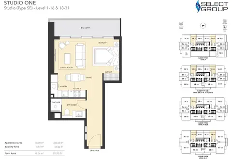 Studio One: Plattegrond Studio, Type SB - Level 1-16 & 18 - 31 Size 502.03 sq ft, 502 sq ft