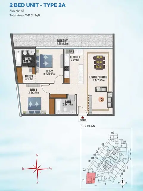 Bayz Apartments: फ़्लोर प्लान 2 BED UNIT - TYPE - 2A, 1,141 sq ft