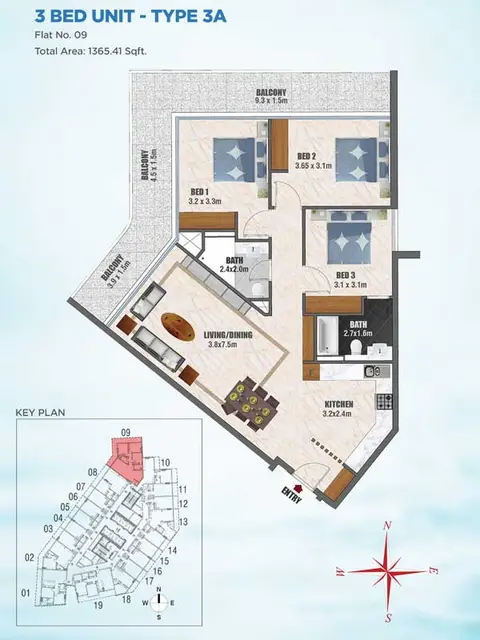 Bayz Apartments: फ़्लोर प्लान 3 BED UNIT - TYPE - 3A, 1,365 sq ft