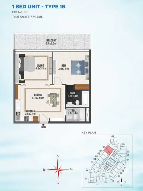 Bayz Apartments: फ़्लोर प्लान 1 BED UNIT - TYPE - 1B, 818 sq ft