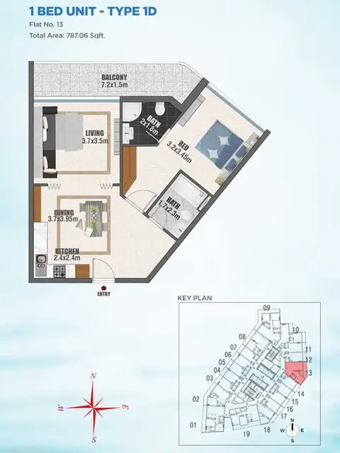 Bayz Apartments: फ़्लोर प्लान 1 BED UNIT - TYPE - 1D, 787 sq ft
