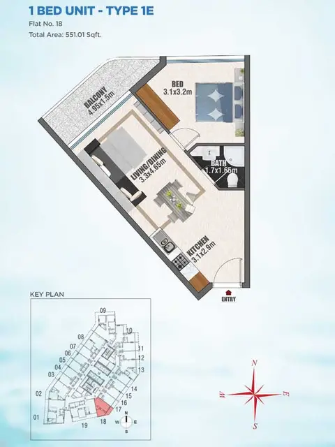 Bayz Apartments: फ़्लोर प्लान 1 BED UNIT - TYPE - 1E, 551 sq ft
