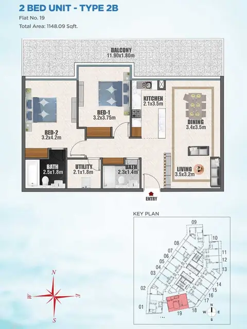 Bayz Apartments: फ़्लोर प्लान 2 BED UNIT - TYPE - 2B, 1,148 sq ft
