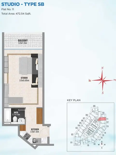 Bayz Apartments: फ़्लोर प्लान STUDIO-TYPE-SB, 473 sq ft