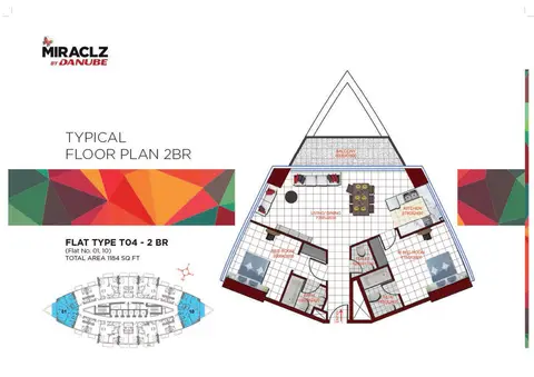 DANUBE MIRACLZ: Floor plan 2 Bedroom Apartment Type T04, Size 1184 sq ft, 1,184 sq ft