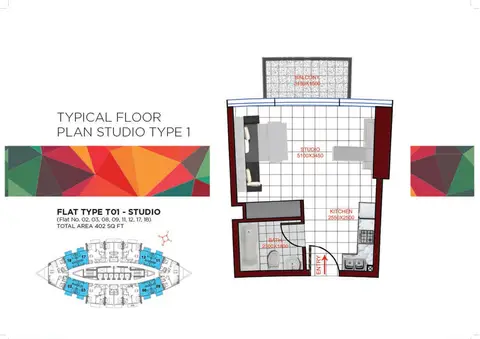 DANUBE MIRACLZ: Floor plan Studio Apartment Type T01, Size 402 sq ft, 402 sq ft